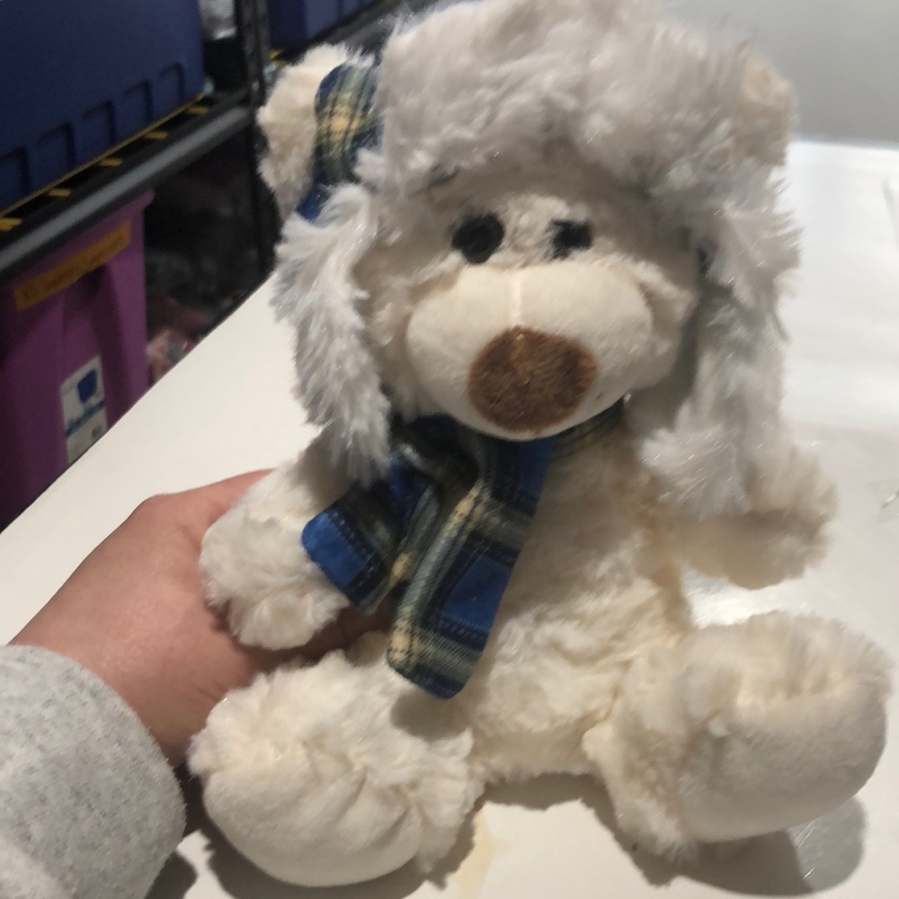 Hug Fun teddy bear with blue plaid winter accessories